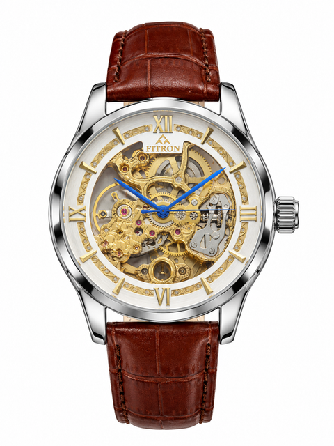 TORUS - Silver Golden Mechanical Watch with Brown Strap By Fitron