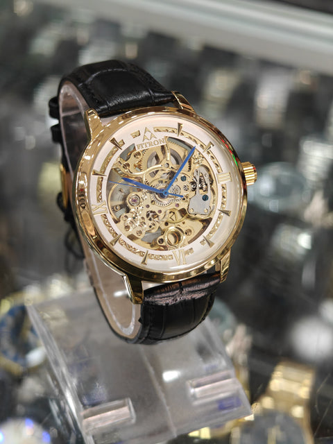 TORUS - Golden White Mechanical Watch with Black Strap By Fitron