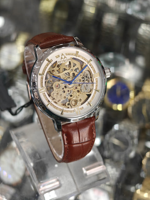 TORUS - Silver Golden Mechanical Watch with Brown Strap By Fitron