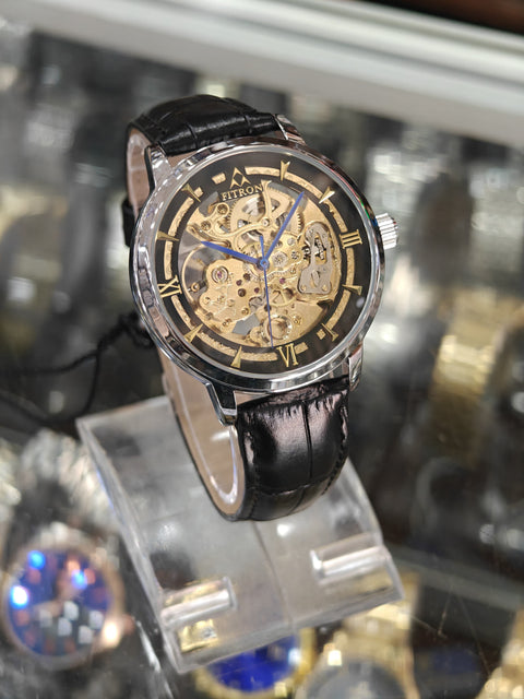 TORUS - Silver Black Mechanical Watch with Black Strap By Fitron