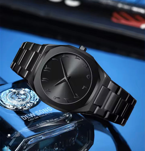 AURA BLACK - Stainless Steel Case Watch With Arabic Numerics And 5 Years of Warranty