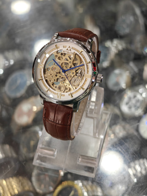 TORUS - Silver Golden Mechanical Watch with Brown Strap By Fitron