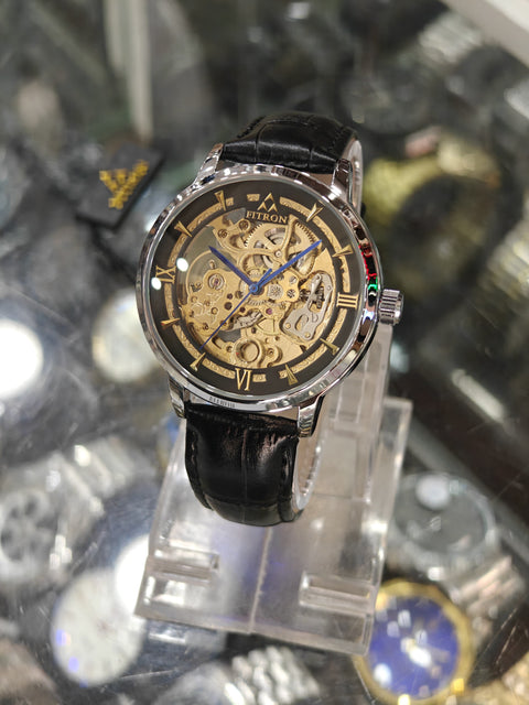 TORUS - Silver Black Mechanical Watch with Black Strap By Fitron