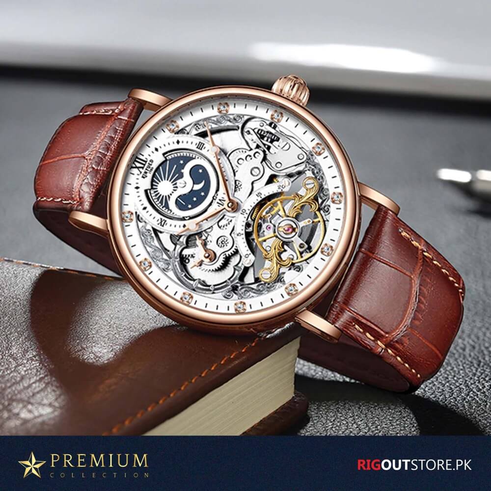 Multiple Time Tourbillion Automatic Skeleton Watch with Brown Strap ...