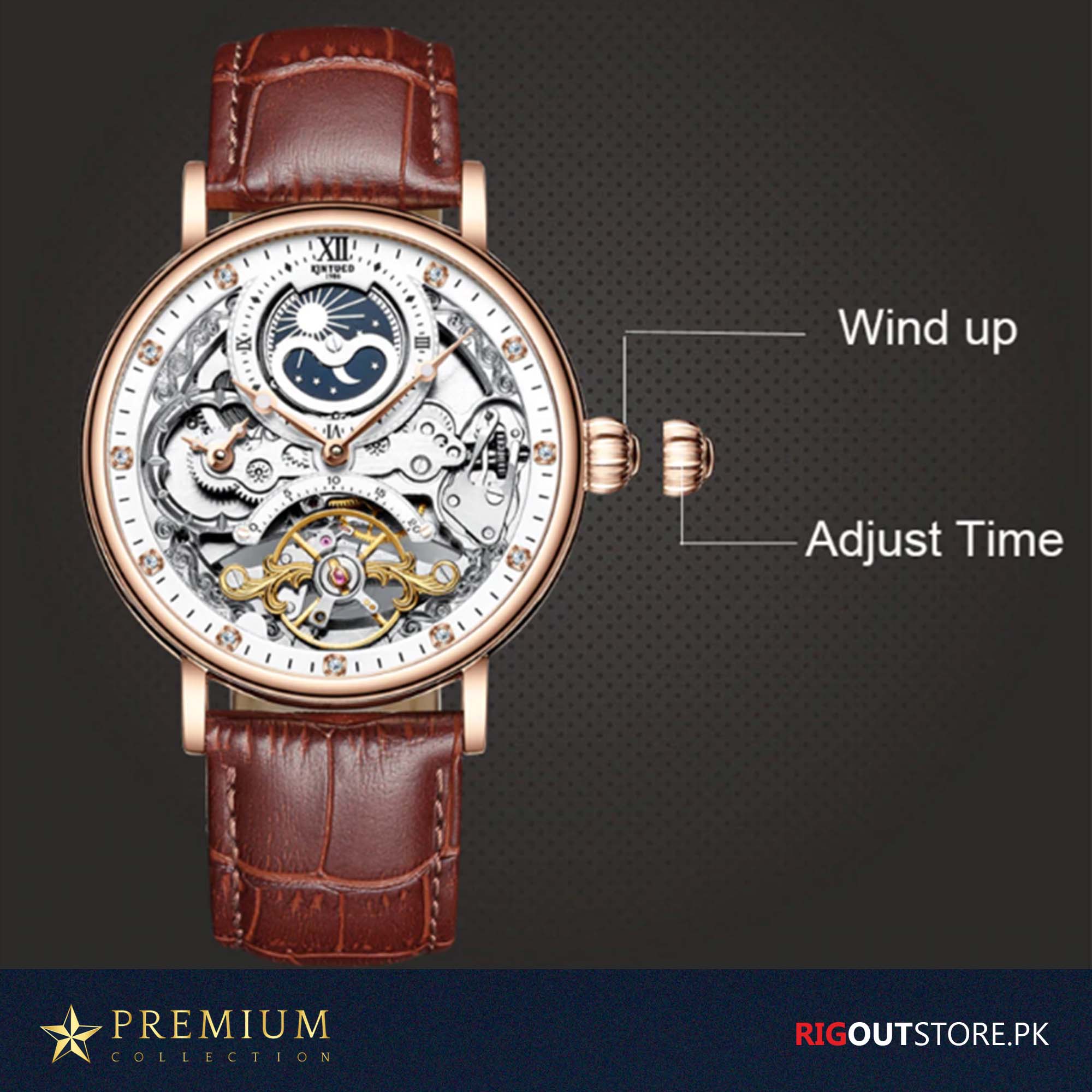 Multiple Time Tourbillion Automatic Skeleton Watch with Brown Strap ...