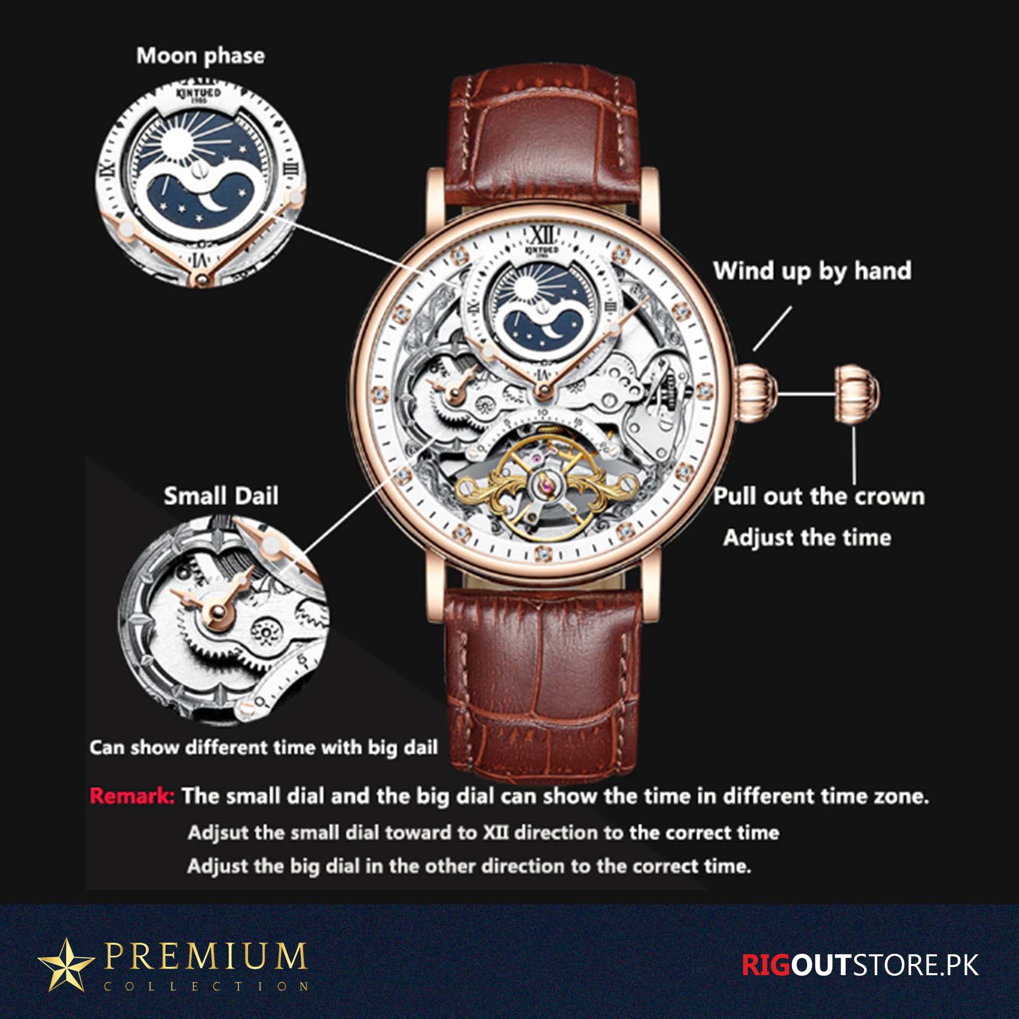 Multiple Time Tourbillion Automatic Skeleton Watch with Brown Strap ...